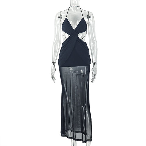 Lynchburg Backless Pleated Hip Halter Wrapped Chest Cross Solid Color Maxi Dress