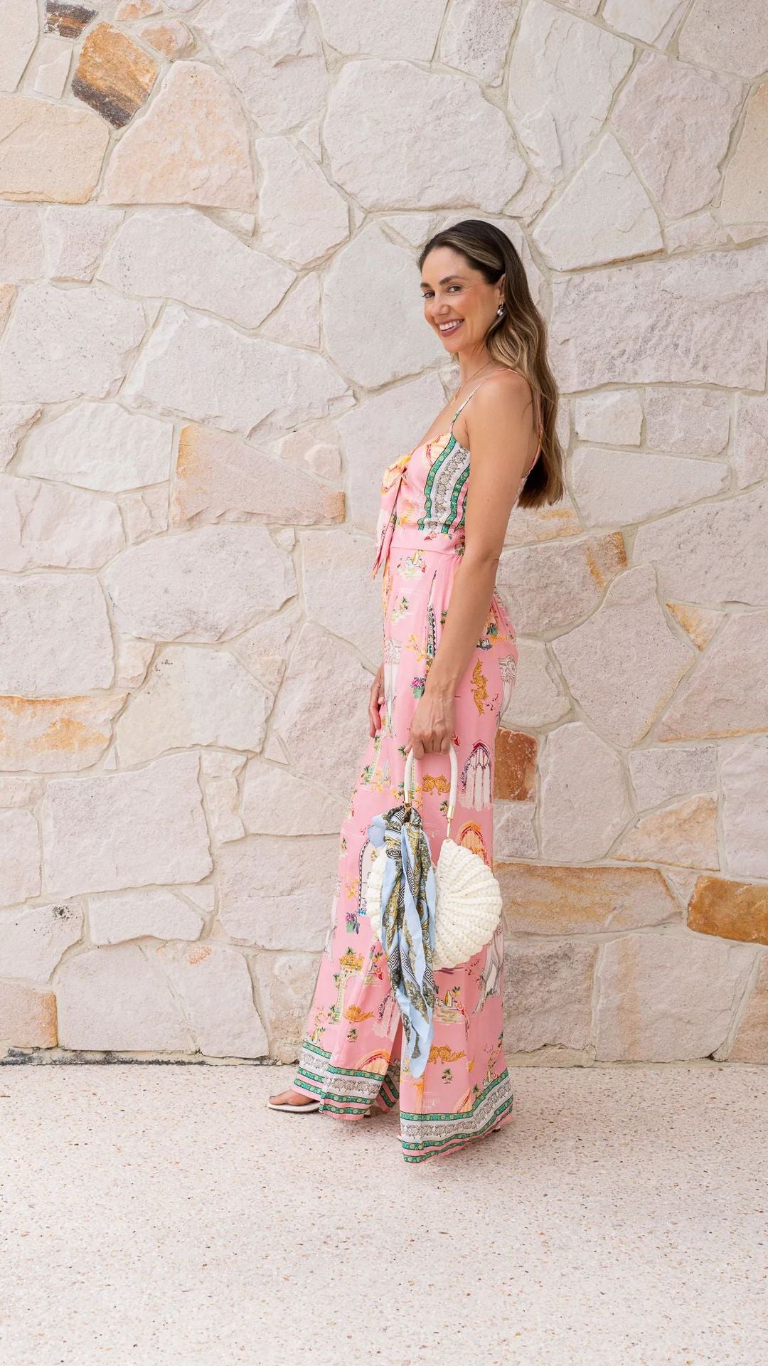 Summer Positioning Printing Casual V neck Strap Wide Leg Lace up Jumpsuit