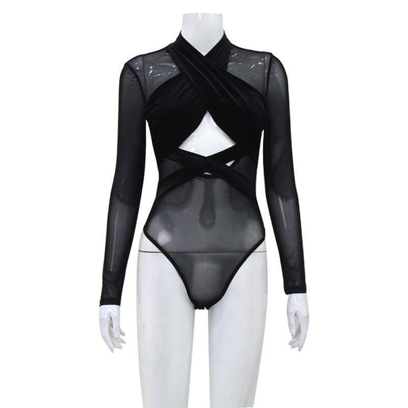 Women Mesh Velvet Stitching Hollow Out Cutout  Long Sleeve