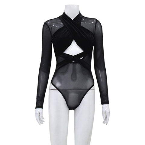 Women Mesh Velvet Stitching Hollow Out Cutout  Long Sleeve