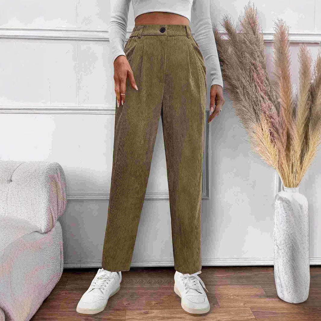 Autumn Women Casual Loose Corduroy High Waist Straight Pants