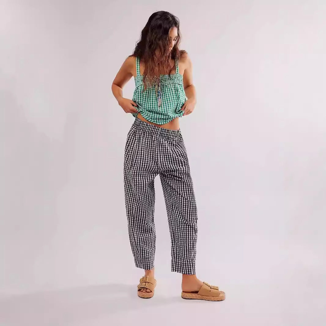 Plaid Straight Leg Pants Summer Women Thin High Waist Drooping Casual Walking Pants