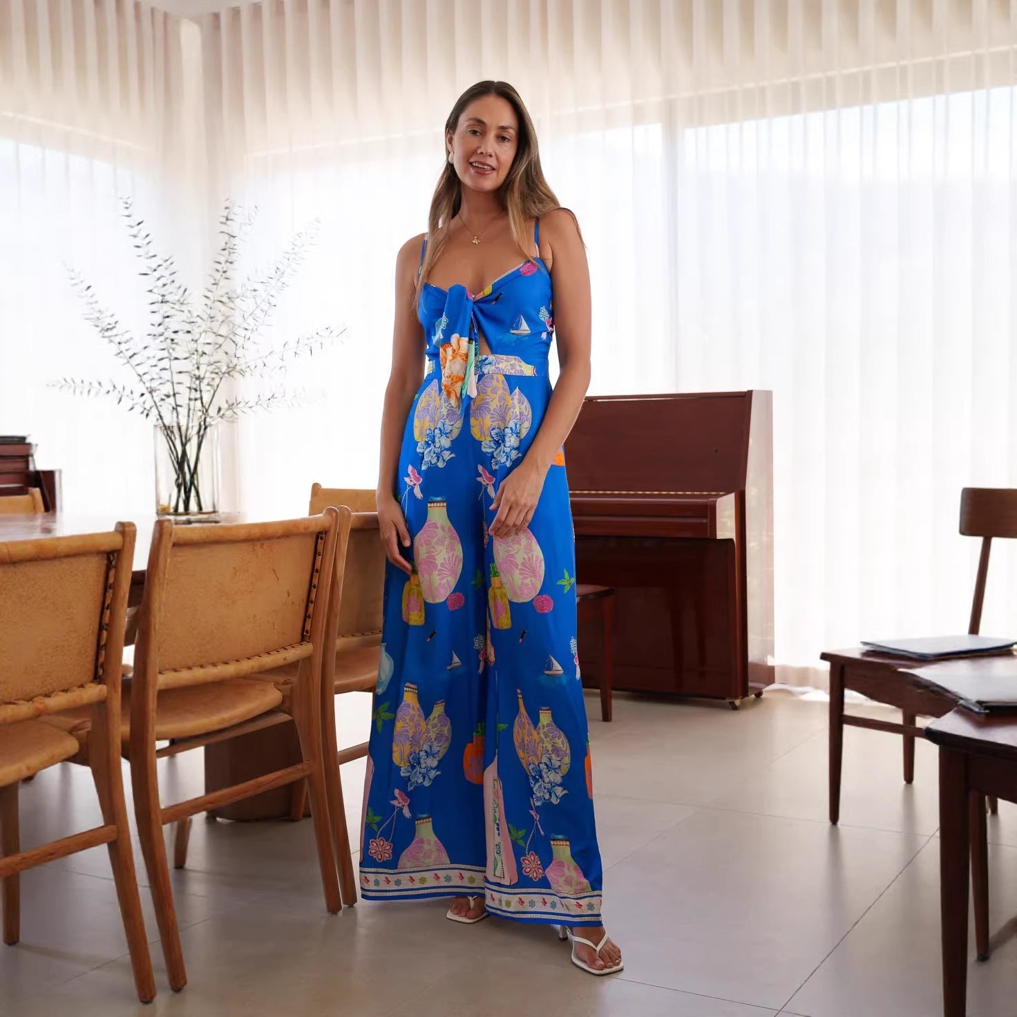 Summer Positioning Printing Casual V neck Strap Wide Leg Lace up Jumpsuit