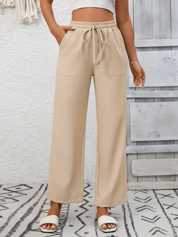 Summer Women Casual Drawstring Elegant Trousers Wide Leg Pants with Pockets