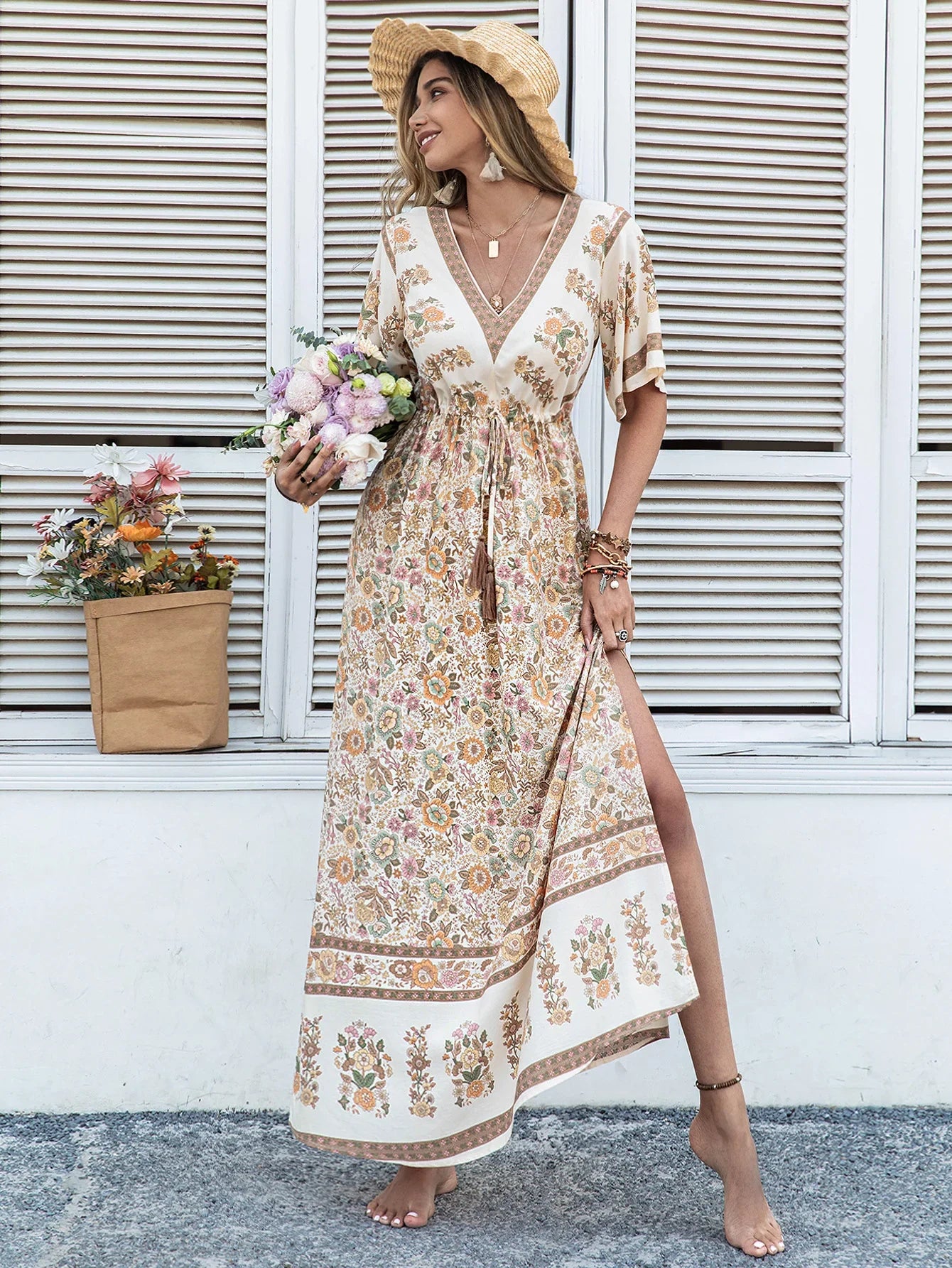 Debra Bohemian Beige Printed Dress Long Tassel