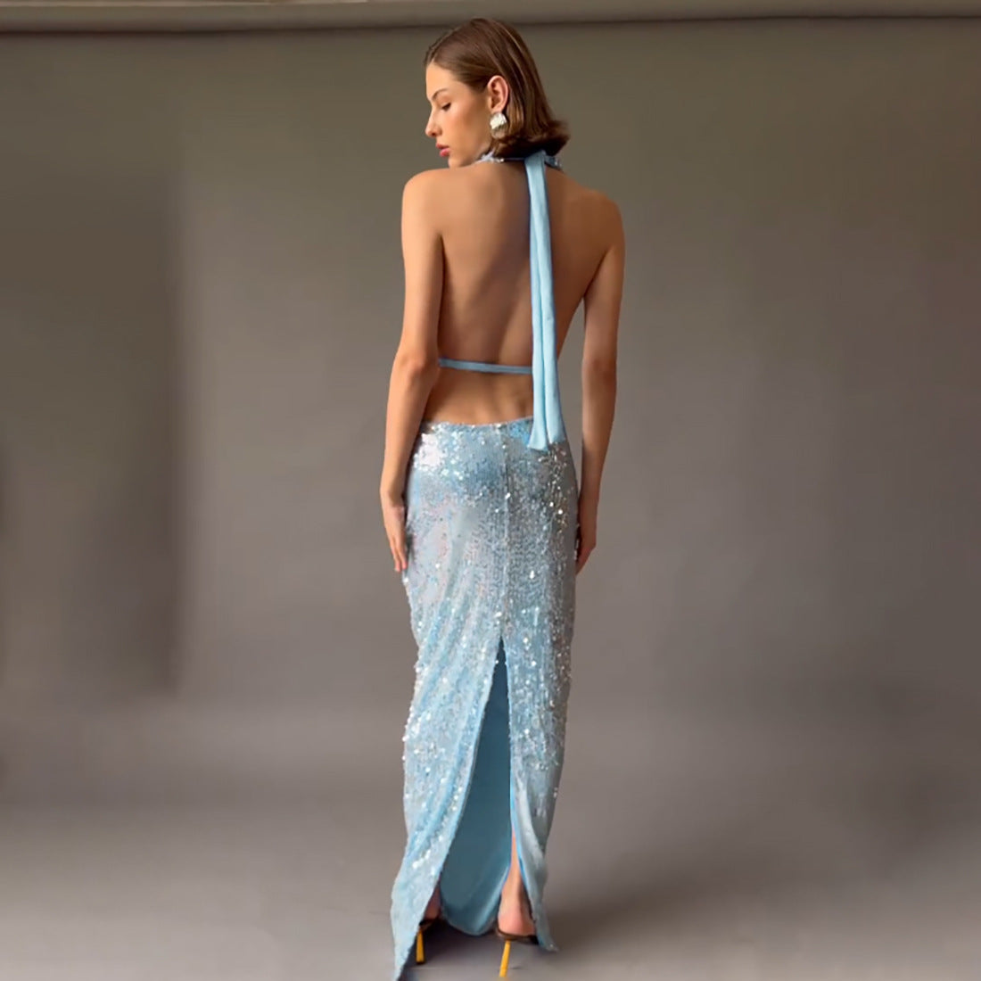 La Puya Sequined Swing Collar Sexy Backless Halter Self Tie Slit Dress