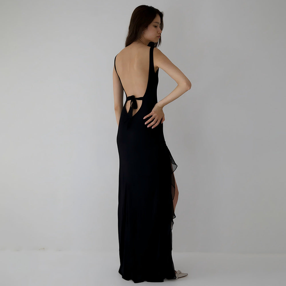 Hopewell Elegant Ribbon Sexy Backless High Slit Ruffled Slim Dress