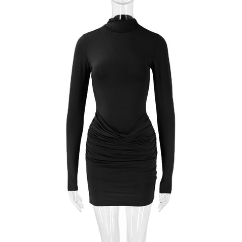 Tulun Sexy Dress Stand Collar Long Sleeve Pleated Slim Fit Niche Mini Dress