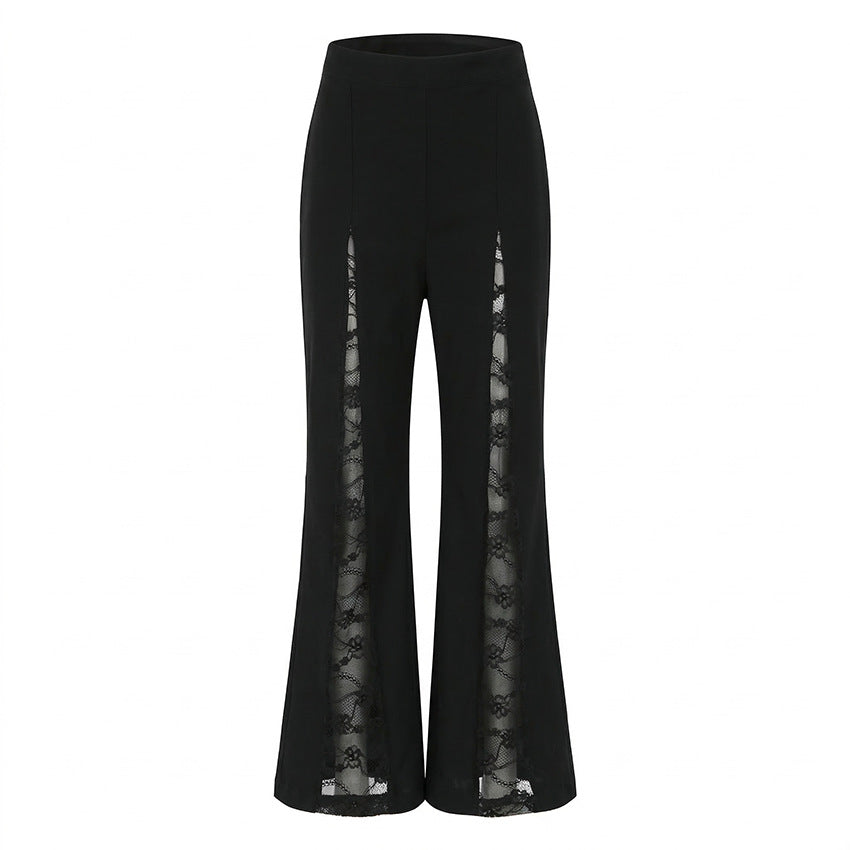 Women Clothing Sexy Lace Cutout Slim Fit High Waist Flared Pants Commuting Elegant Casual Pants