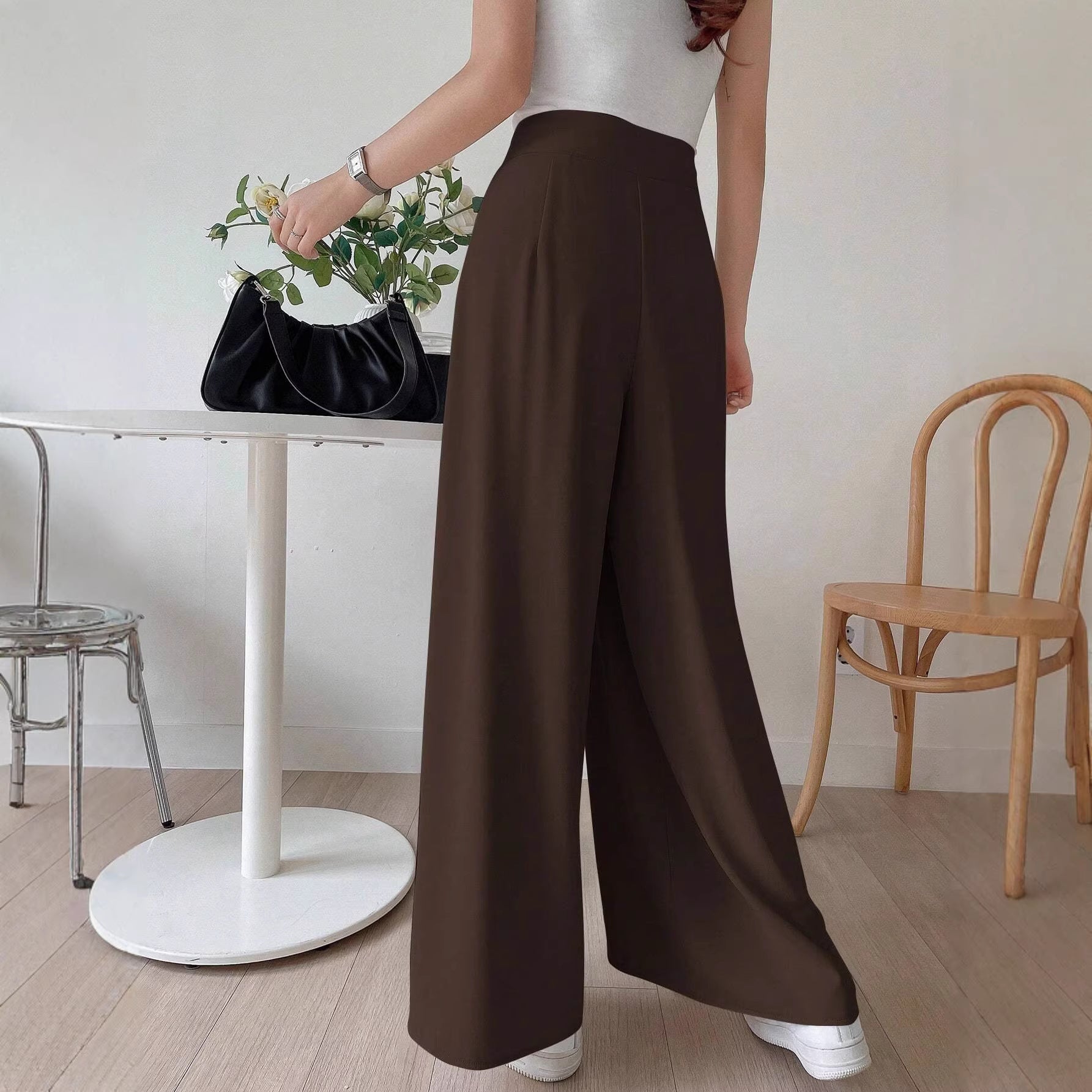 Retro Easy Matching Brown Coffee Color Draping Wide Leg Pants Office High Waist Petite Slimming Women Casual Pants