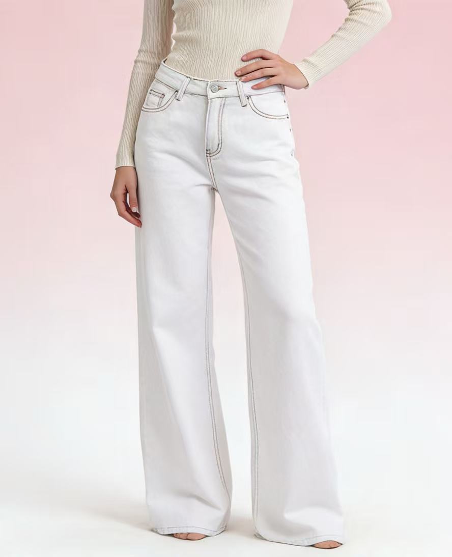 White Bow Strawberry Cute Patch Straight Low Waist Loose Fitting Women Jeans