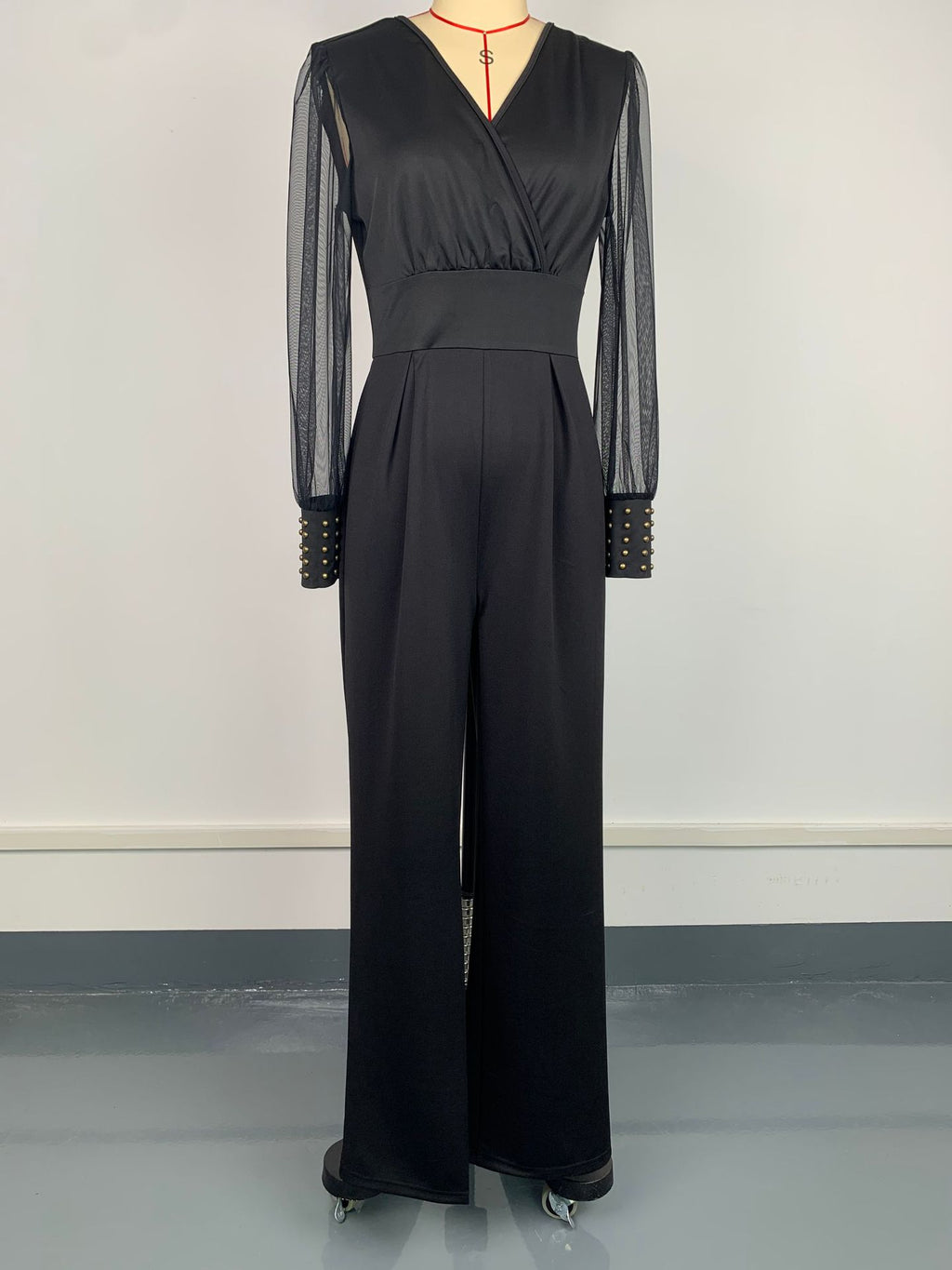 Women Wear V neck Mesh Stitching Rivet Long Sleeve Loose Jumpsuit Women Clothing