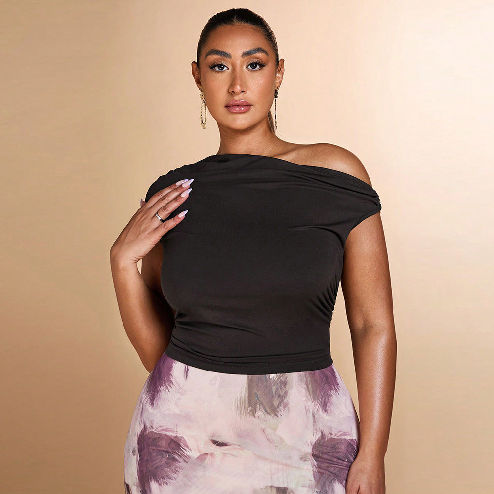 Plus Size Women Clothing Sexy Slimming T shirt Spring Summer off the Shoulder Design Short Top