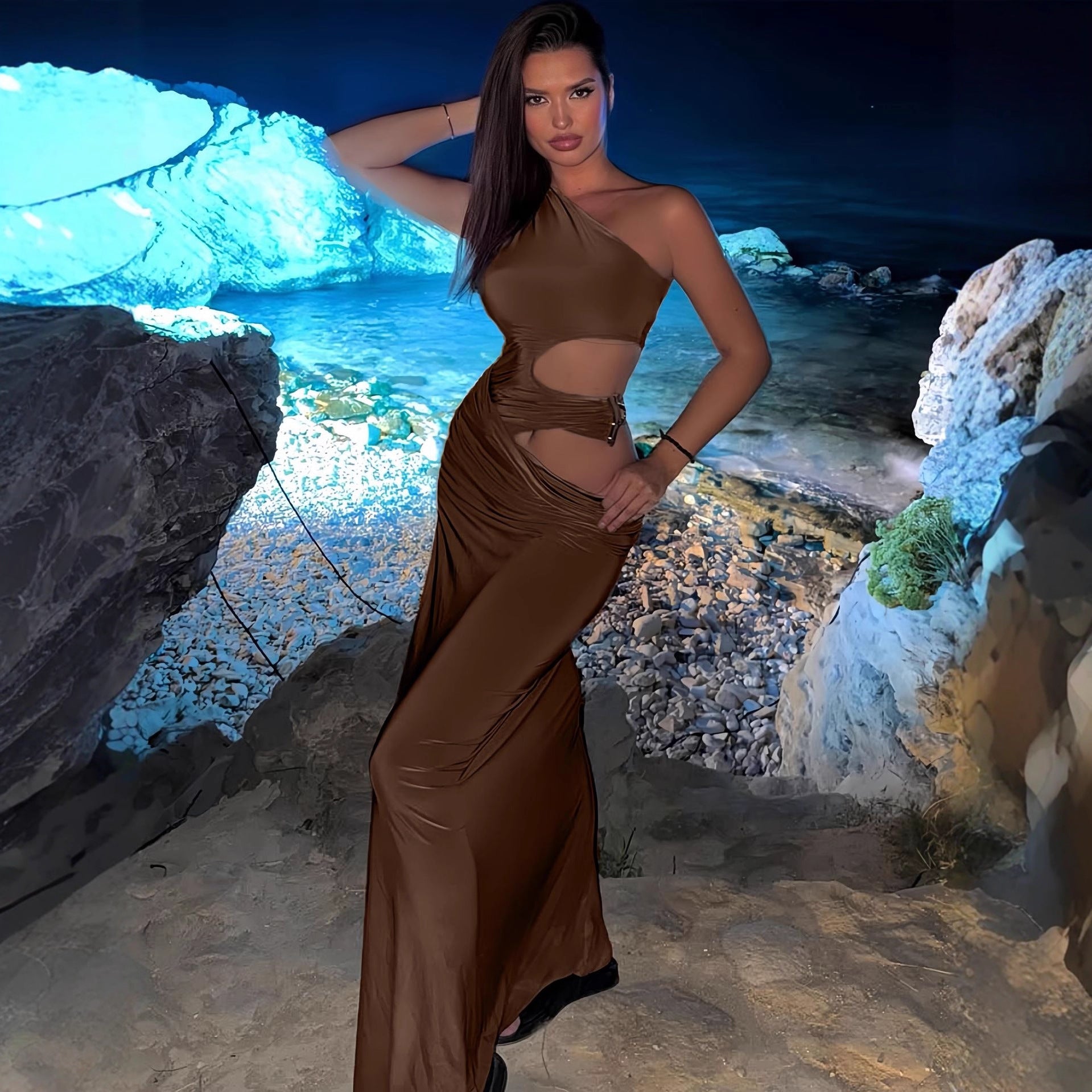 Higuey Diagonal Collar Sleeveless High Grade Pleated Dress