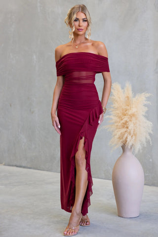 Dubai Split Ruffled Solid Color Hollow Out Cutout Mesh Sheath Dress