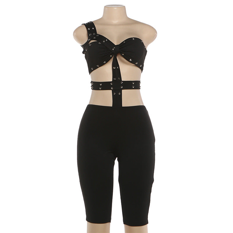 Spring Women's Trendy Unique Rivet Sexy Cutout Tight Five Point Jumpsuit