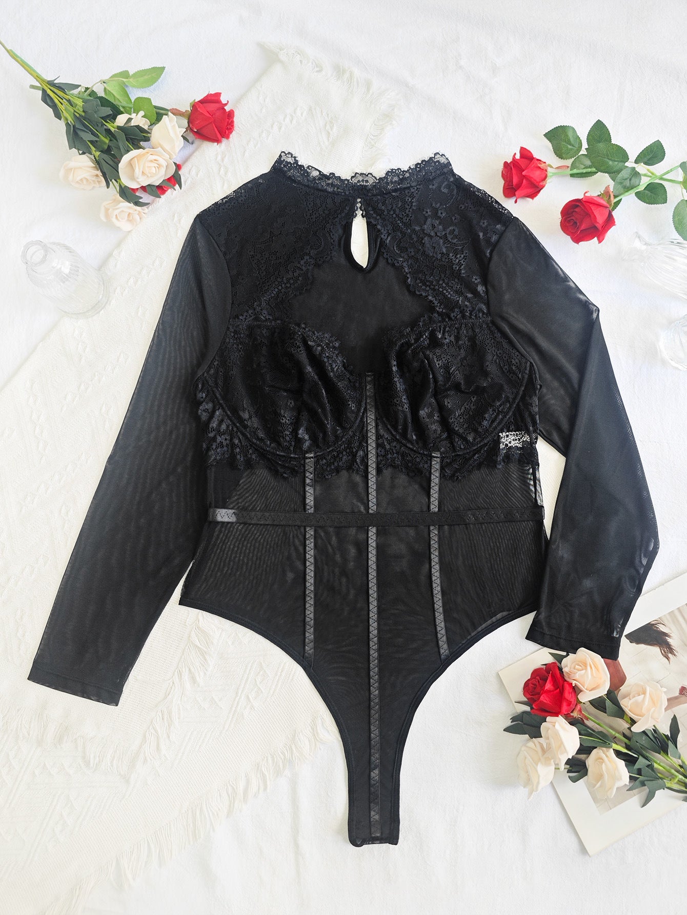 Plus Size Sexy Underwear Lace See through Hollow Out Cutout Sexy Open Crotch Jumpsuit Fishnet Clothes Plump Girls