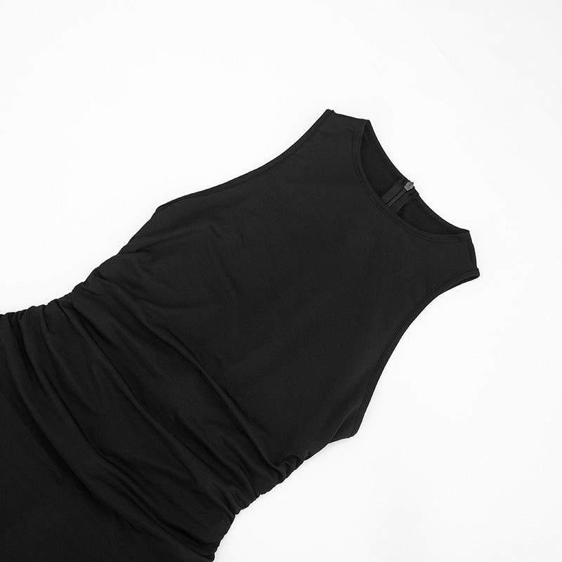 Women Clothing Spring Solid Color Sexy Pleated Sleeveless Stitching Mesh Slim Fit Long Conjoined Trousers