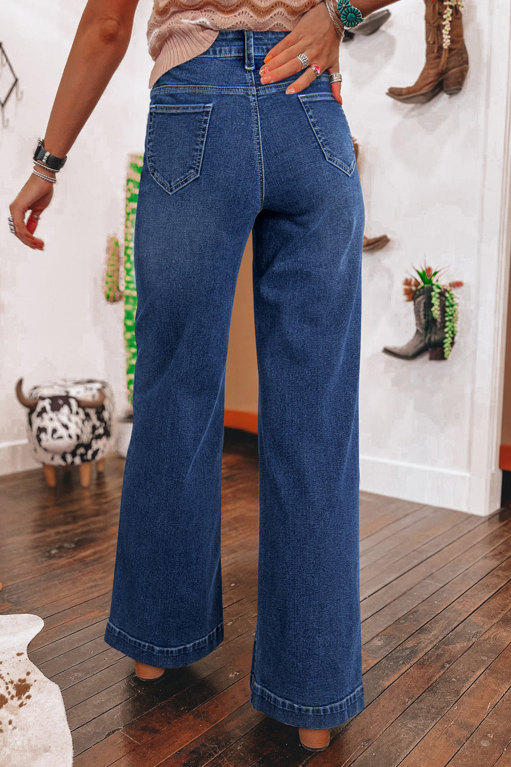 Spring Dark Blue High Waist Wide Leg Jeans Women Retro Straight Leg Pants