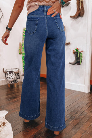 Spring Dark Blue High Waist Wide Leg Jeans Women Retro Straight Leg Pants