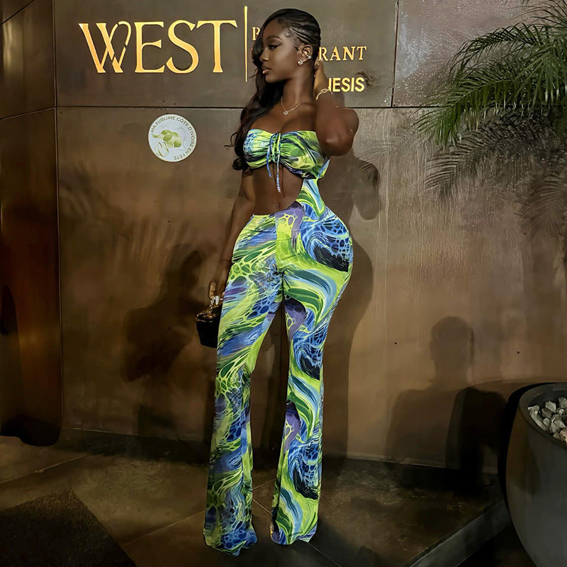 Special Women Clothing Printed Asymmetric Sexy Bandeau Jumpsuit Lace up Cropped Exposed Jumpsuit