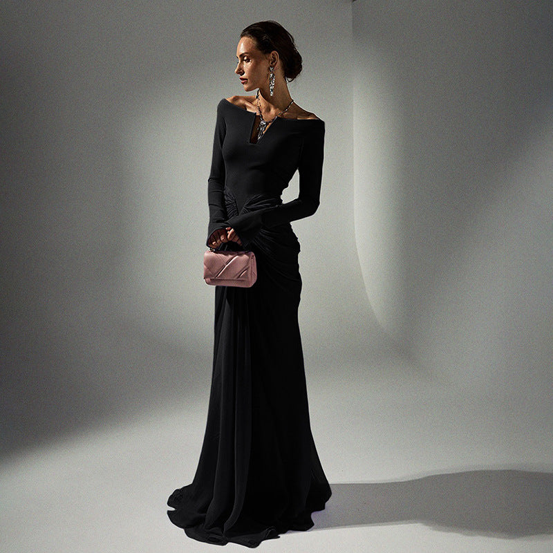 Summerville Clothing Colorblock Slim Pleated Long Sleeve Elegant Dress
