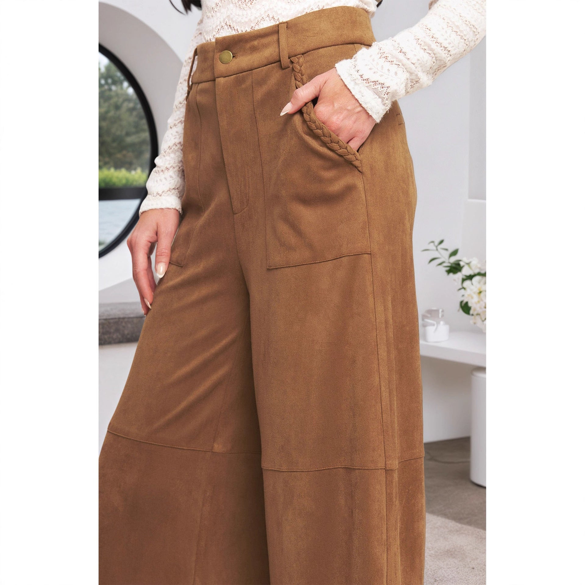 Autumn Winter Suede Outer Single Women Pants High Waist Double Pocket Design Casual Straight Leg Wide Leg Pants