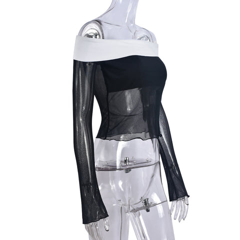 Autumn Contrast off Neck Sheer Long Sleeve