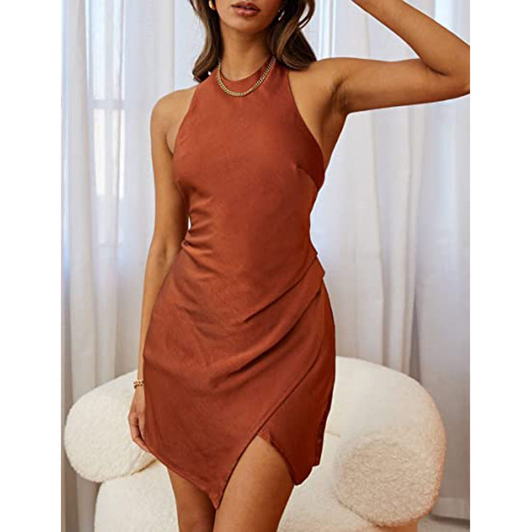 California Clothing Solid Satin Halter Backless Slit Mini Dress Gown