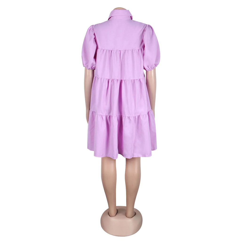 Secaucus Puff Sleeve Single Breasted Lapel Collar Babydoll Street White Big Swing Dress
