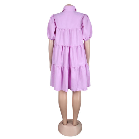 Secaucus Puff Sleeve Single Breasted Lapel Collar Babydoll Street White Big Swing Dress