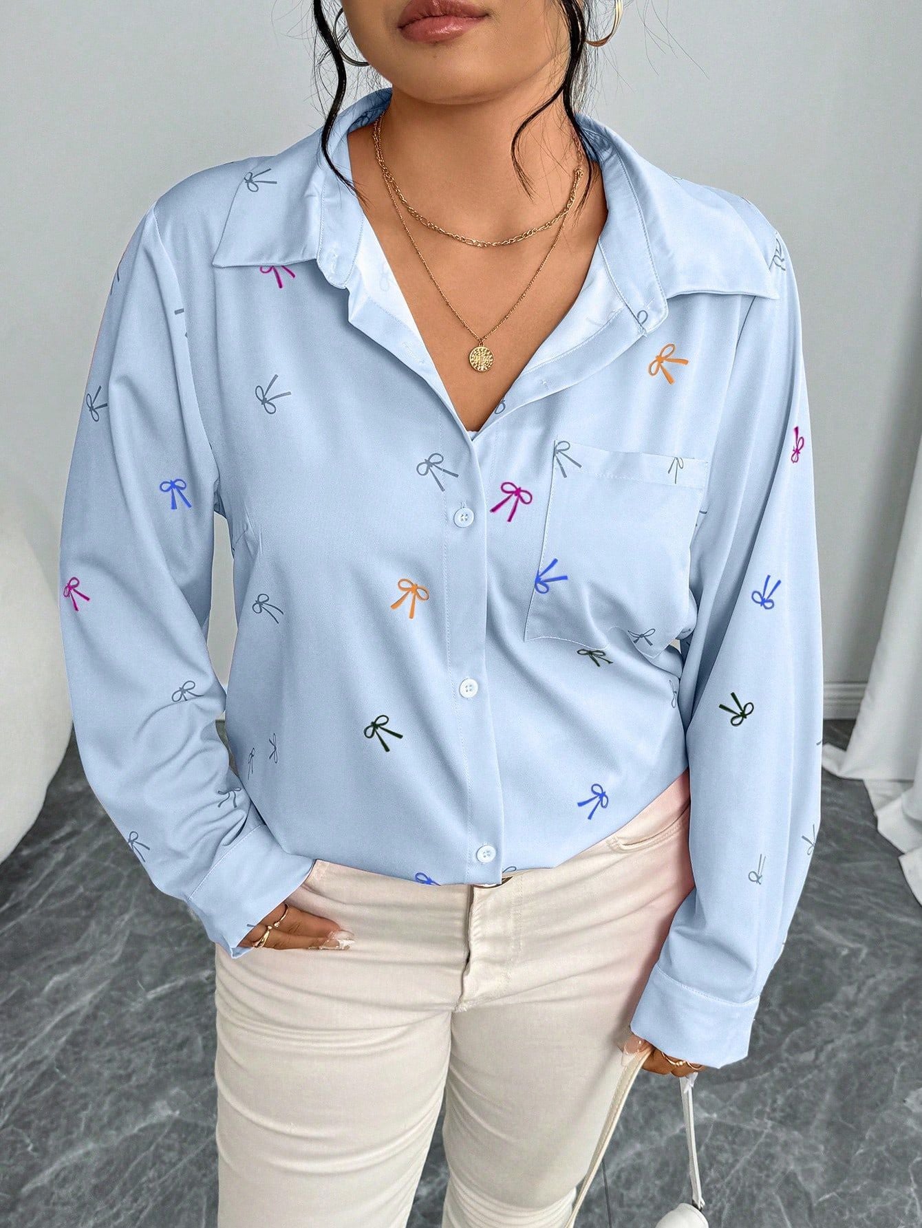 Plus Size Arrival Women Shacket Bow Print Long Sleeve Casual Shirt Autumn Loose