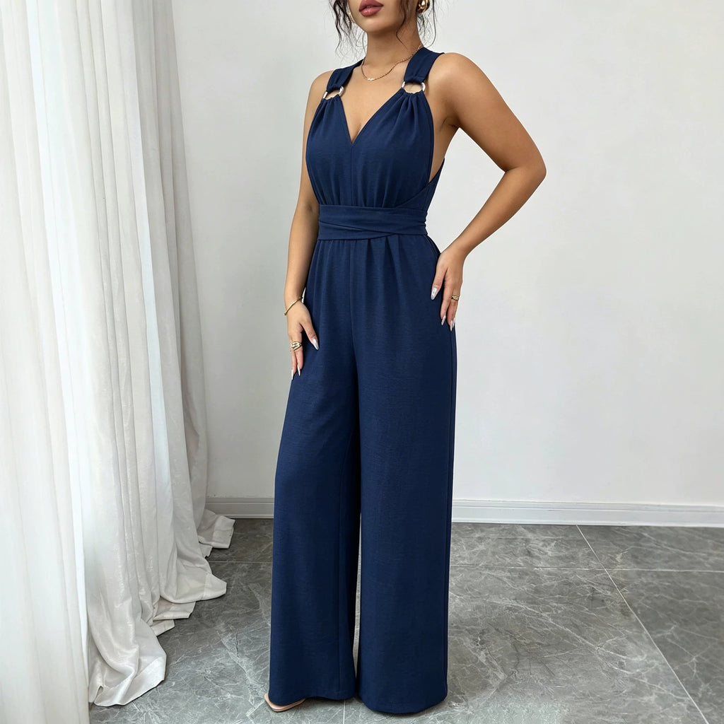 Women Clothing V neck Halter Backless Jumpsuit Waist Controlled Lace up Wide Leg Trousers Office Casual Slimming Jumpsuit