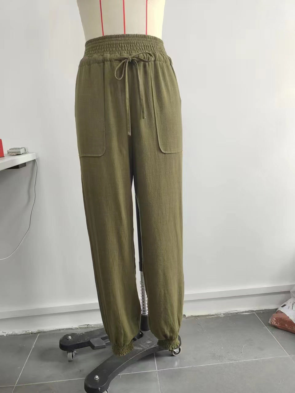 High Waist Loose Harem Casual with Big Pockets Women Pants Smocking Elastic Waist Wide Leg Pants