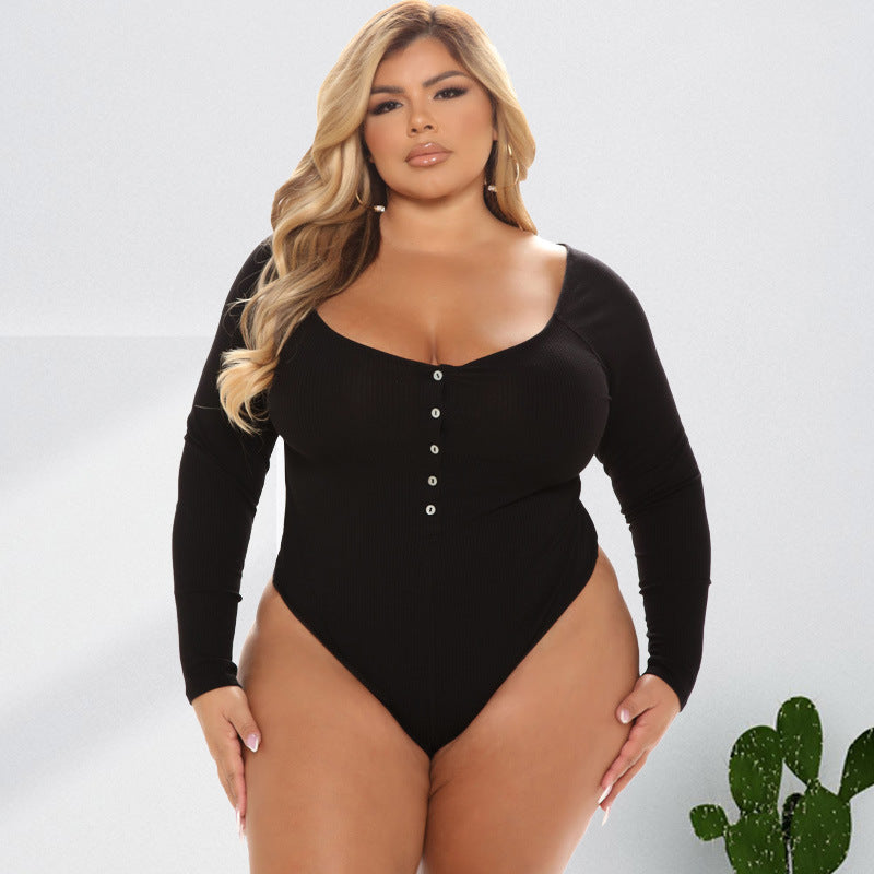 Plus Size Women Clothing Autumn Sping U Collar Breasted Long Sleeve Sexy Jumpsuit