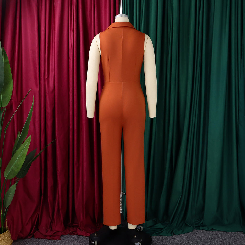 Summer Solid Color Sleeveless Collar Lace up Wide Leg Pants Jumpsuit