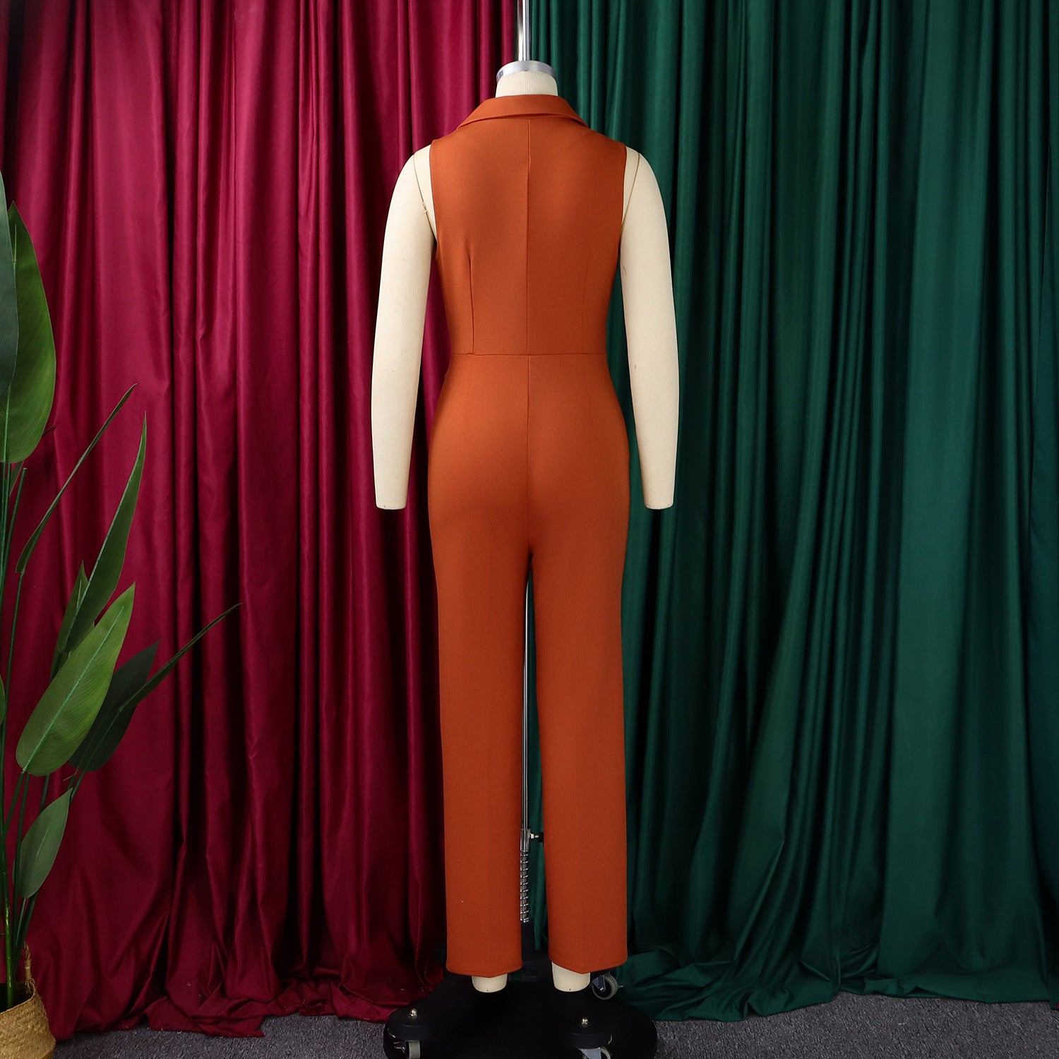 Summer Solid Color Sleeveless Collar Lace up Wide Leg Pants Jumpsuit