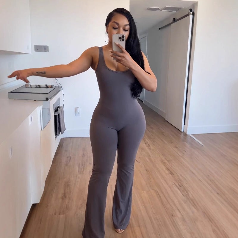 Women Clothing Summer Solid Color Sling Backless Hip Raise Skinny Sports Jumpsuit