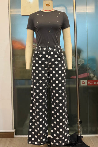 Millennium Jeans Casual All Matching Straight Pants High Waist Sweet Cool Polka Dot Denim Trousers for Women