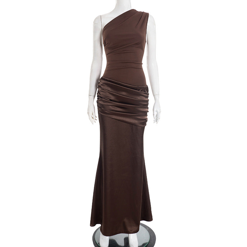 Gazcue Socialite One Shoulder Pleated Stitching Hip Fishtail Dress