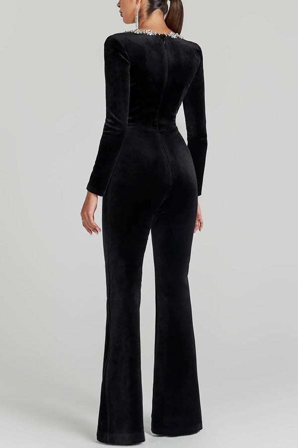 Diamond Velvet Square Collar Long Sleeve High Waist Slim Flared Jumpsuit