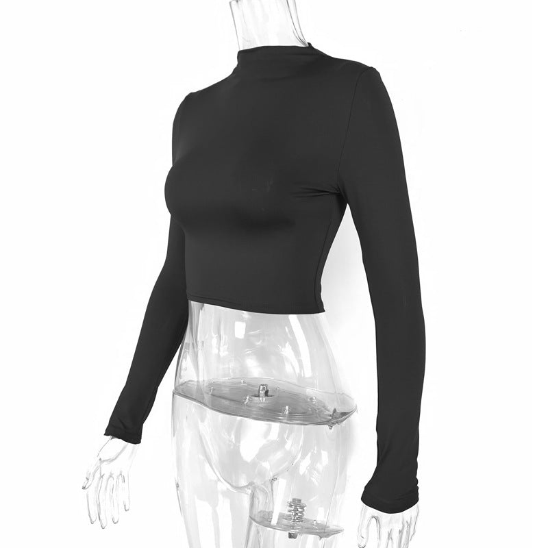 Women Solid cropped tight Long Half Turtleneck