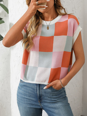 Summer Sleeve Block round Neck Plaid