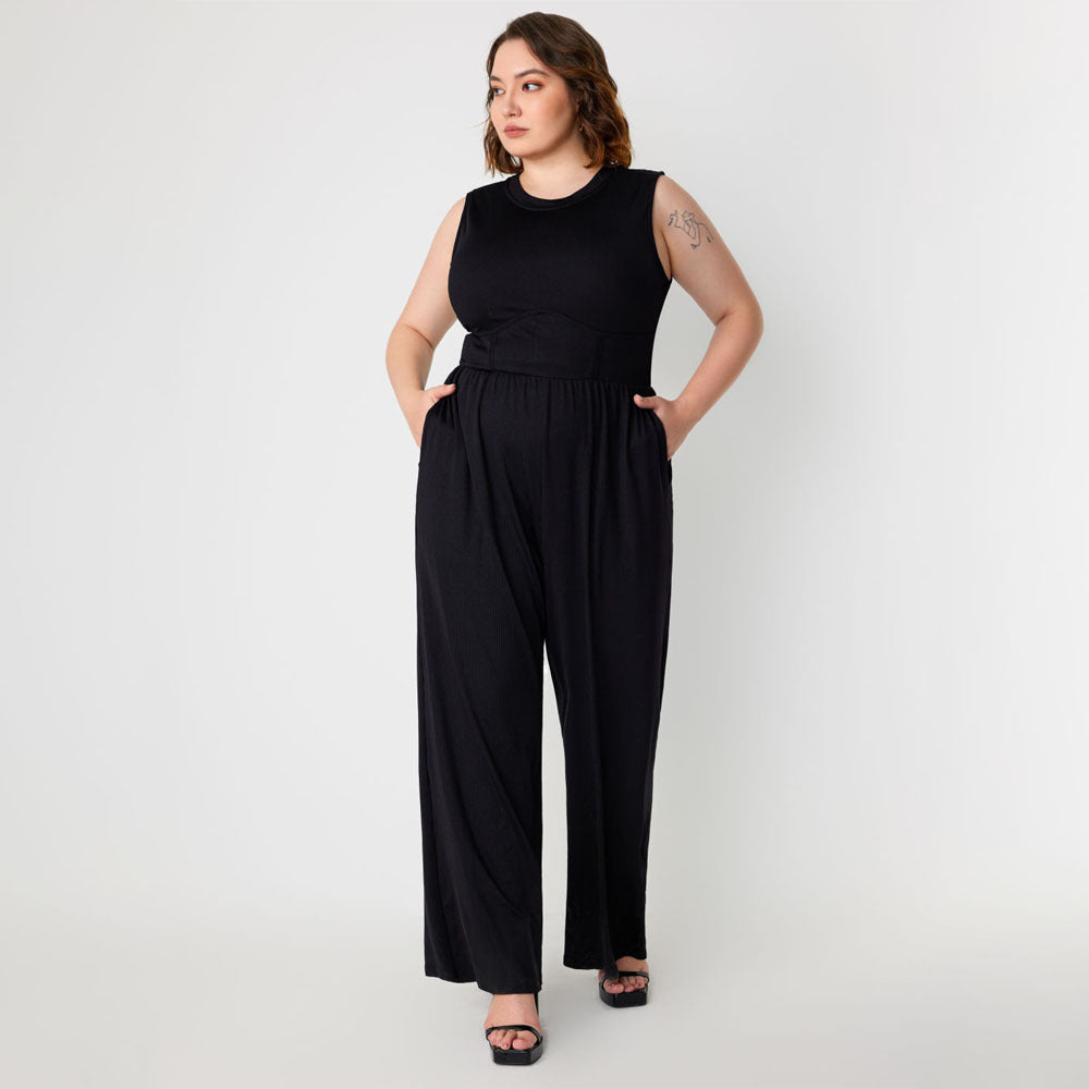 Plus Size Women Clothing Slimming Sleeveless Waist Trimming Casual Solid Color All Matching Jumpsuit