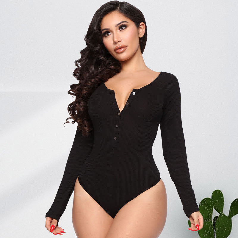 Plus Size Women Clothing Autumn Sping U Collar Breasted Long Sleeve Sexy Jumpsuit