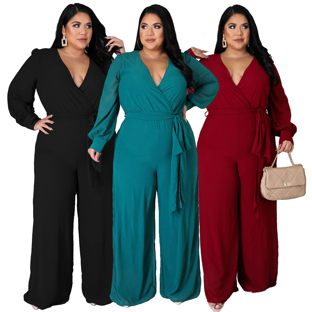 Plus Size Women Loose Straight Solid Color Belt Jumpsuit