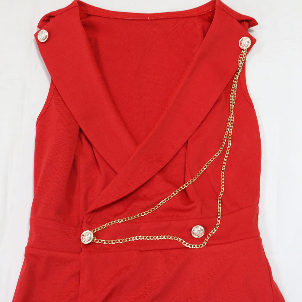 V neck Sexy Jumpsuit Chain Terms Casual Wide Leg for Women