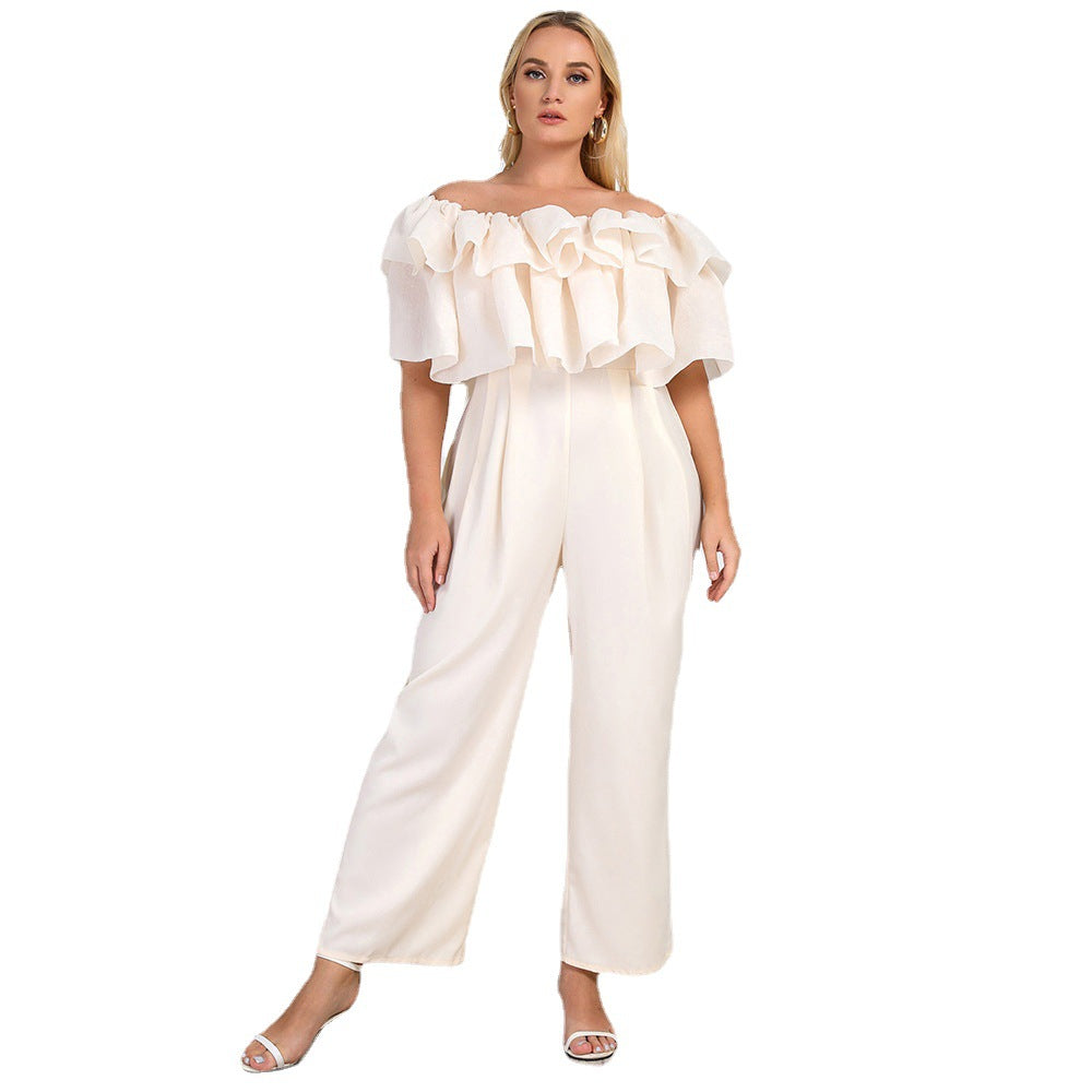 Plus Size Women Clothing Summer New Lotus Edge off-Shoulder Solid Straight-Leg Office Casual Jumpsuit