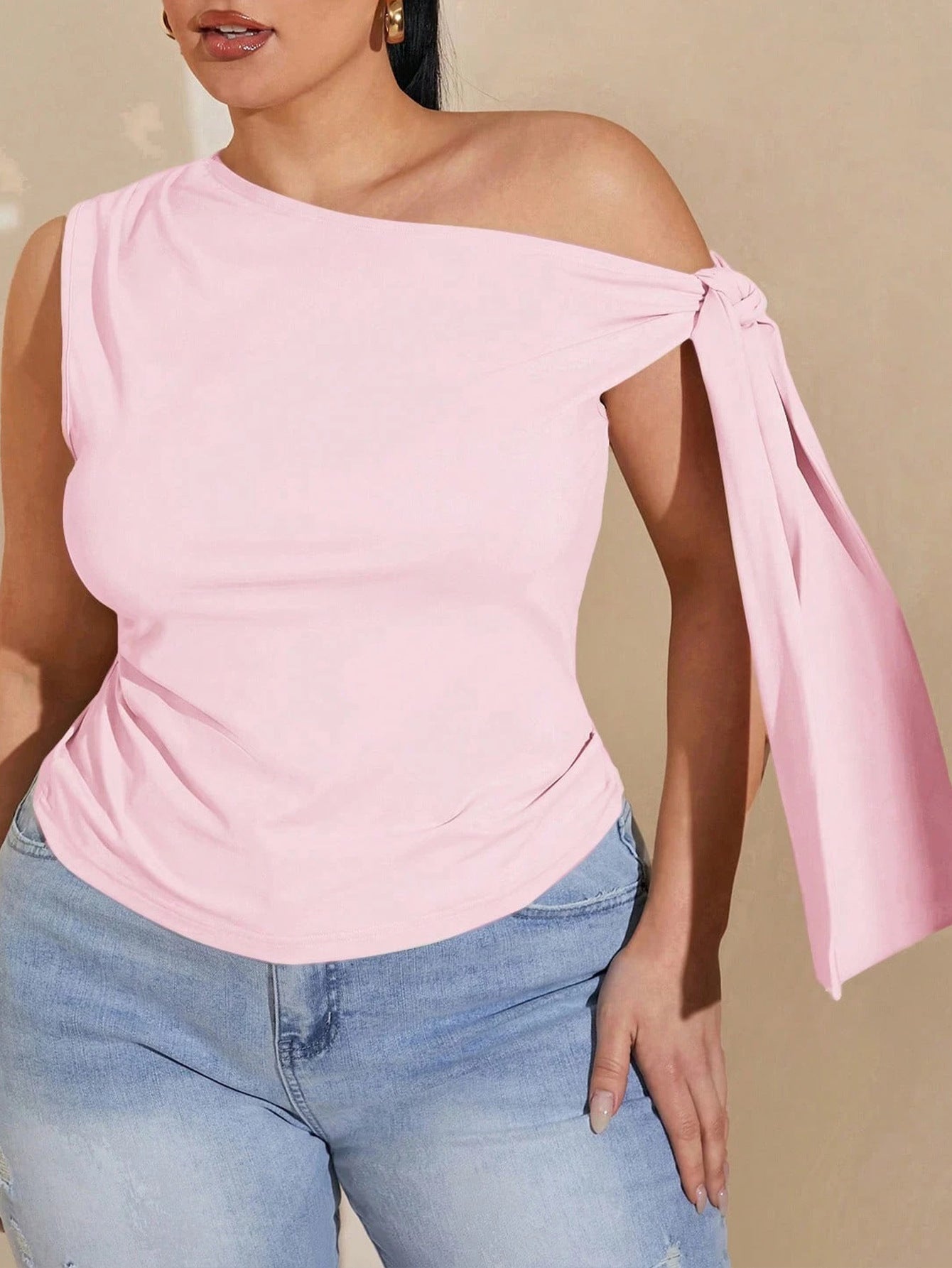 Plus Size Pink Sweet Shoulder Lace up Sexy Top