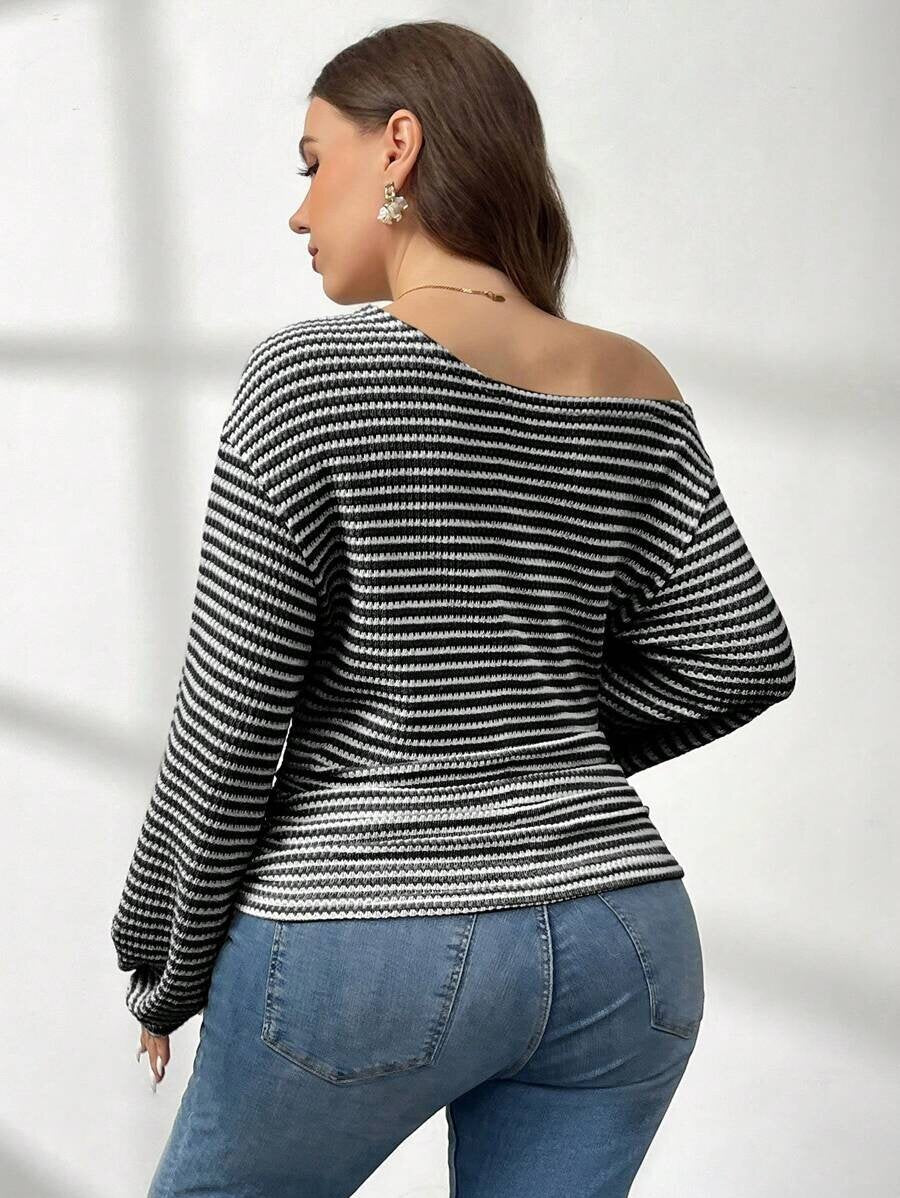 Plus Size Striped Color Block Crew Neck Pullover Women Office All Matching Drop Shoulder Long Sleeve T shirt Women